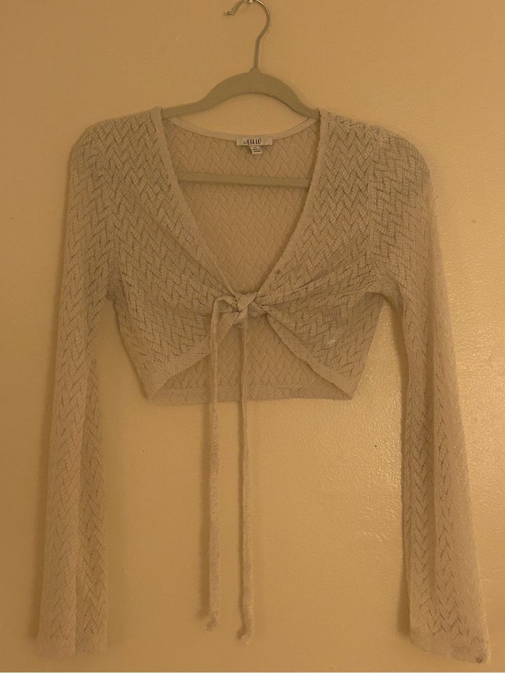 AUW Crochet Openwork Tie-Front Top in Beige